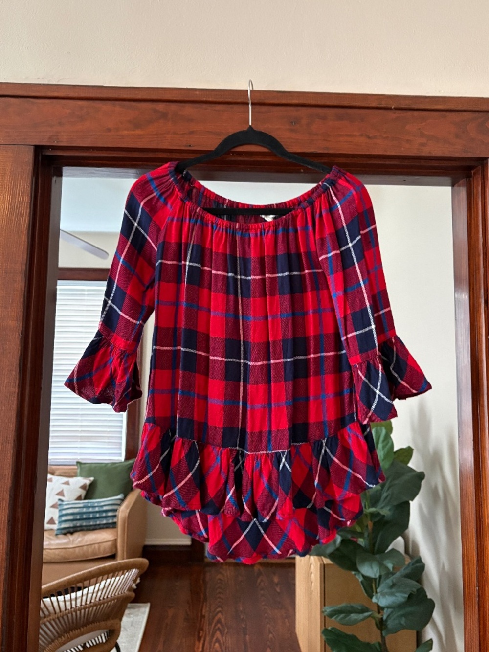 Red & Navy Plaid Ruffle Off-Shoulder Top
